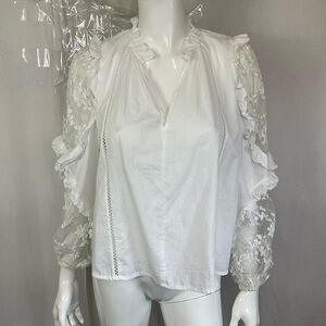 Lalavon White Floral Lace Sheer Ruffle Long Sleeve V-Neck Blouse Size S